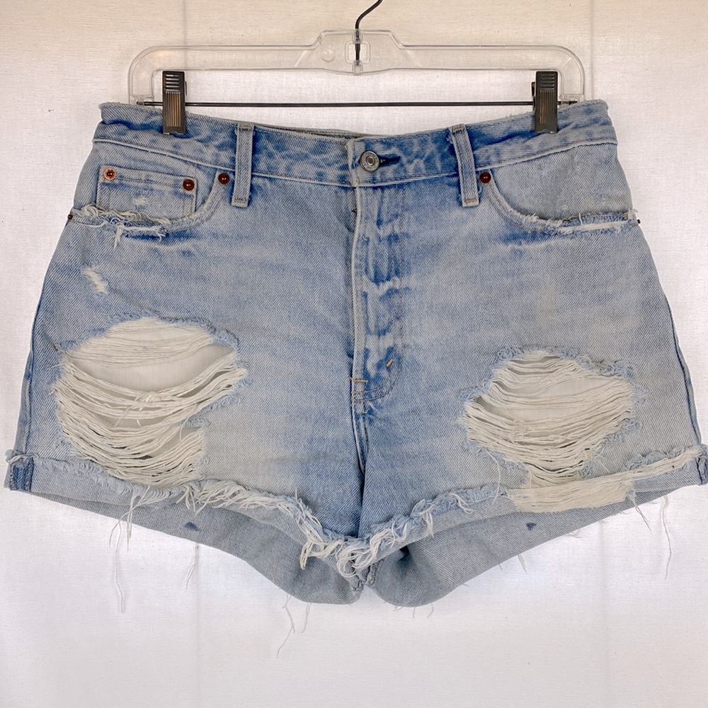 Abercrombie & Fitch high rise jean denim shorts cut off distressed light wash 8 - Picture 3 of 5